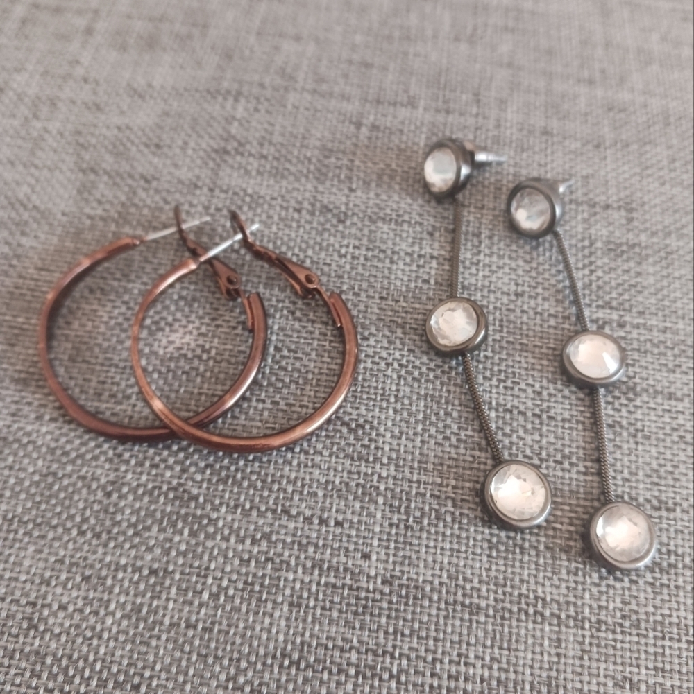 Bronze Hoop Earrings (1") and Crystal Dangles (2") Set - Pre-loved